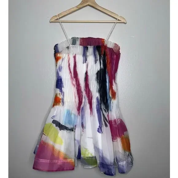 Aje Celestial Pleated Organza Sleeveless Mini Dress Abstract Pink Blue Size 6